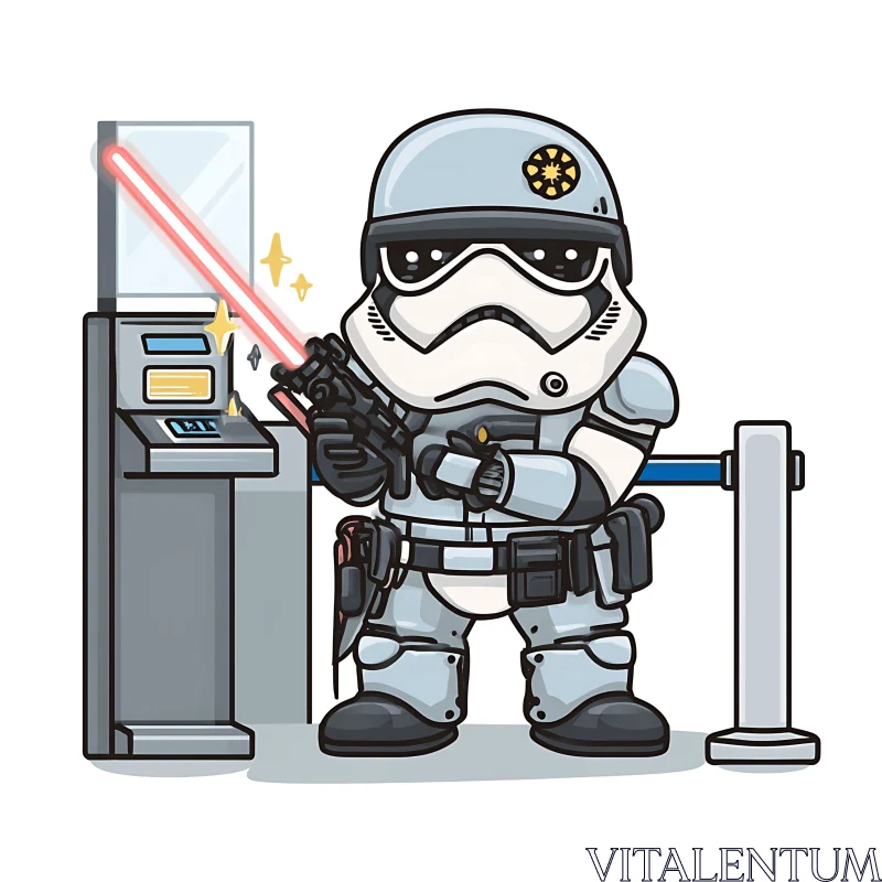 Playful space trooper guards a glowing sci fi ticket gate