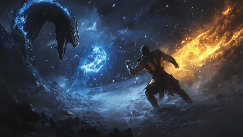 Elemental warrior confronts spectral ice serpent in storm