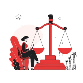 Calm professional balancing justice, work, and clean energy.