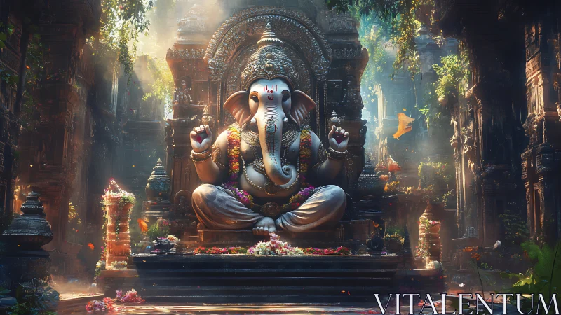 Gentle Ganesha statue glowing in a lush, enchanted temple.