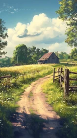 Sunlit country lane curls lazily toward a weathered barn