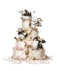 Ducks tumbling on multi tiered cake with icing spills.