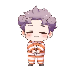 Cute chibi boy in striped orange pajamas stands calmly.