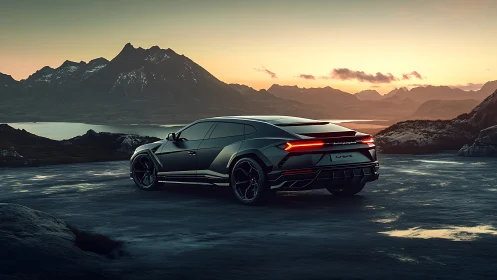 Sleek performance SUV overlooks icy mountain valley at dusk