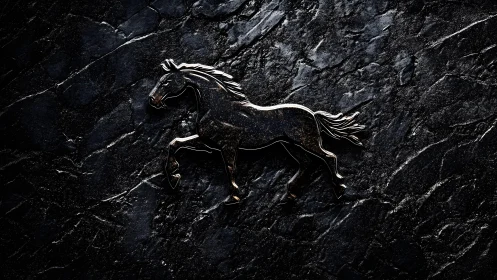 Metallic Horse Silhouette on Dark Textured Stone Background.