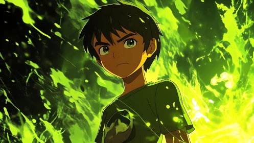 Youthful male figure before luminous green energy field.