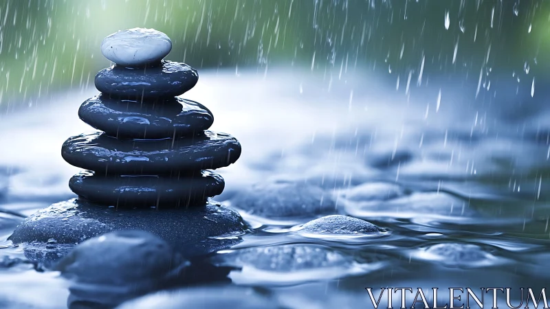 Gentle rain-kissed stones stacked in peaceful balance.
