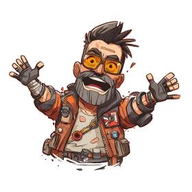 Cartoon rugged mechanic with orange jacket and cyber gloves.
