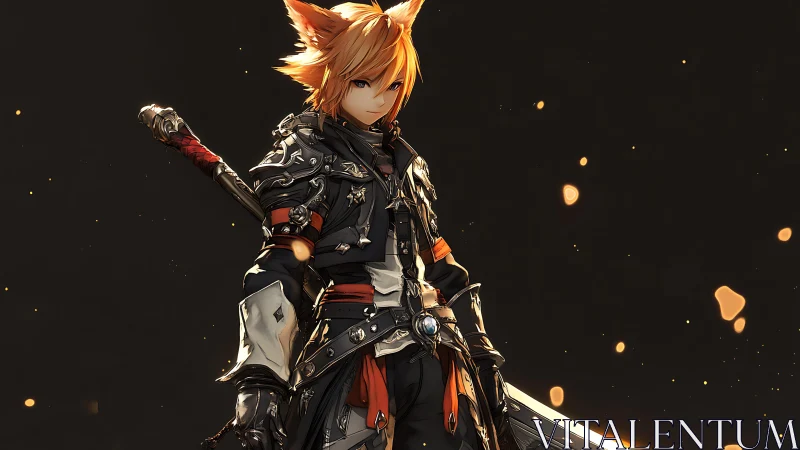 Fiery fox-eared warrior stands ready amid drifting embers