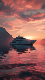 Luxury yacht glides through a molten pink sunset seascape