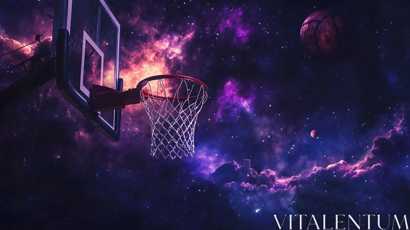 Cosmic basketball hoop integrates with nebular starfield panorama.