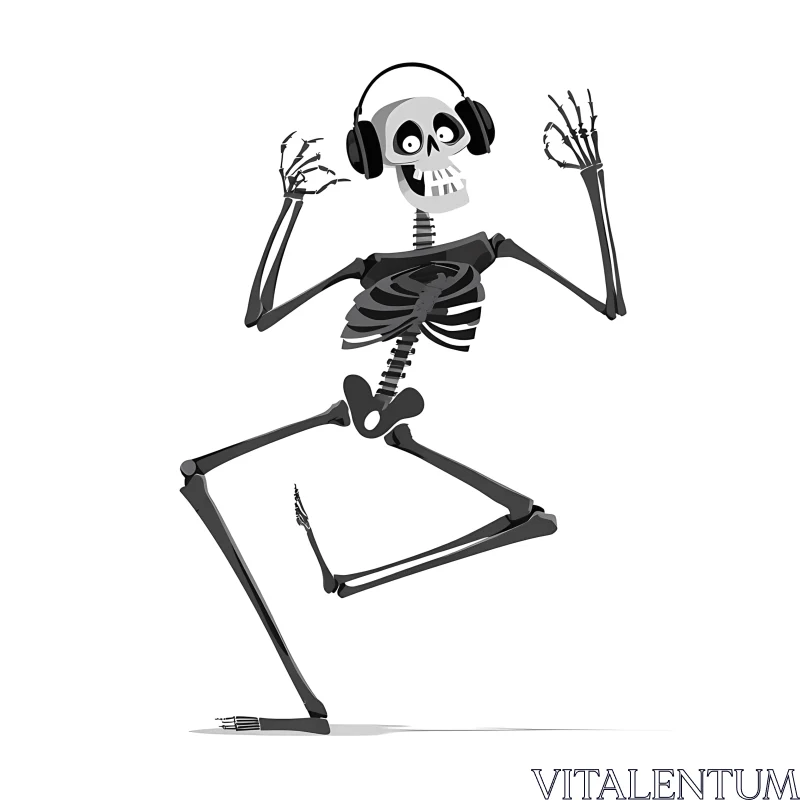 Cartoon skeletal figure dancing with headphones in grayscale