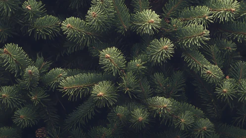 Photorealistic close view of dense evergreen fir branches.