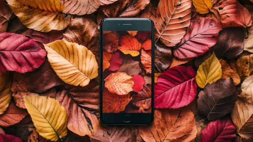 Warm autumn leaves surrounding a phone framed in color.