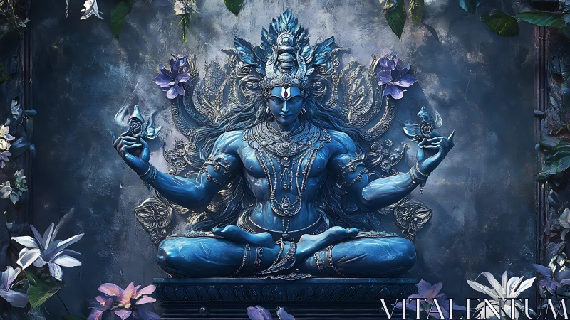 Blue multi-armed deity statue meditates in ornate shrine