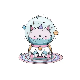 Pastel cartoon space cat in helmet sits on stylized orbit portal