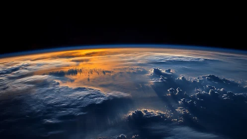 Orbital sunrise over Earth with illuminated cloudscape horizon.