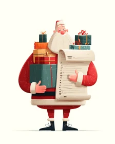 Jolly gift-stacked Santa checking his merry list twice.