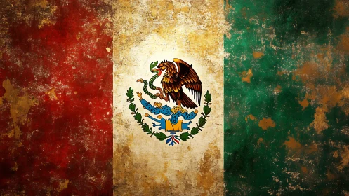 Weathered Mexican flag with central national coat of arms.