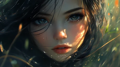 Forest-lit gaze of a twilight dreamer in soft wild grasses.