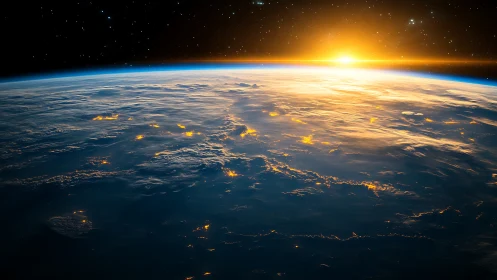 Earth horizon with sunrise viewed from low orbit in space.