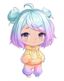 Chibi pastel girl with hoodie and gradient hair stands.