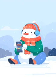 Snowman character in winter clothing holding smartphone device.