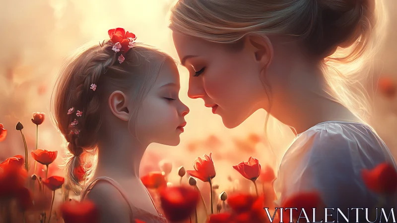 Mother and Child Portrait in Luminous Poppy Field with Atmospheric Backlighting