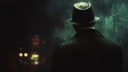 Man in fedora viewed from behind on rainy city street.