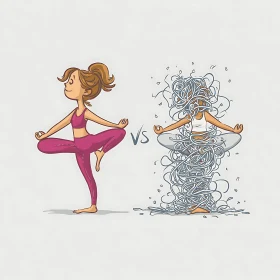 Calm yoga balance contrasted with tangled stressed figure.