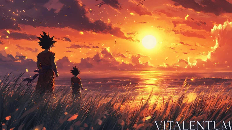 Two anime warriors watching blazing ocean sunset horizon
