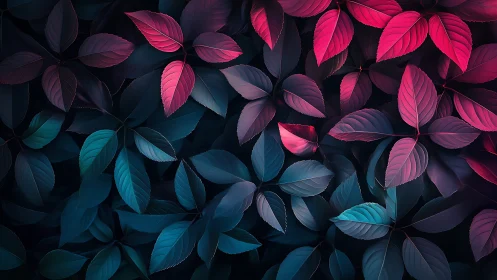 Neon forest whisper: teal and magenta leaves in twilight hush.