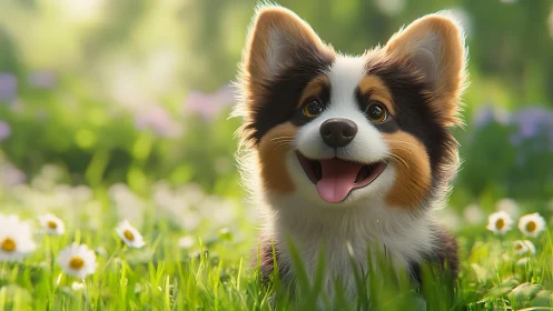 Playful corgi puppy in sunlit spring meadow portrait.