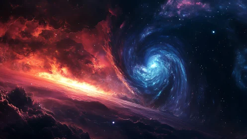Celestial firestorm meets sapphire vortex in deep cosmos.