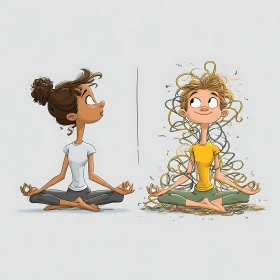 Joyful meditation duo balancing calm and playful chaos.