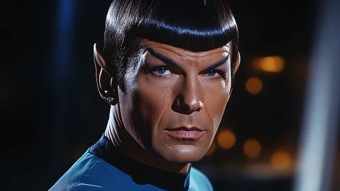 Stoic sci-fi officer gazes forward in moody starship light