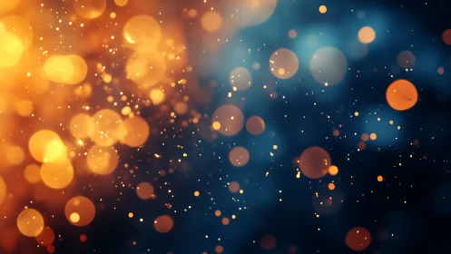 Orange bokeh light particles on dark blue defocused background.