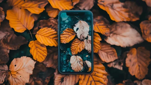 Cozy autumn leaves reflected through a glowing phone screen.
