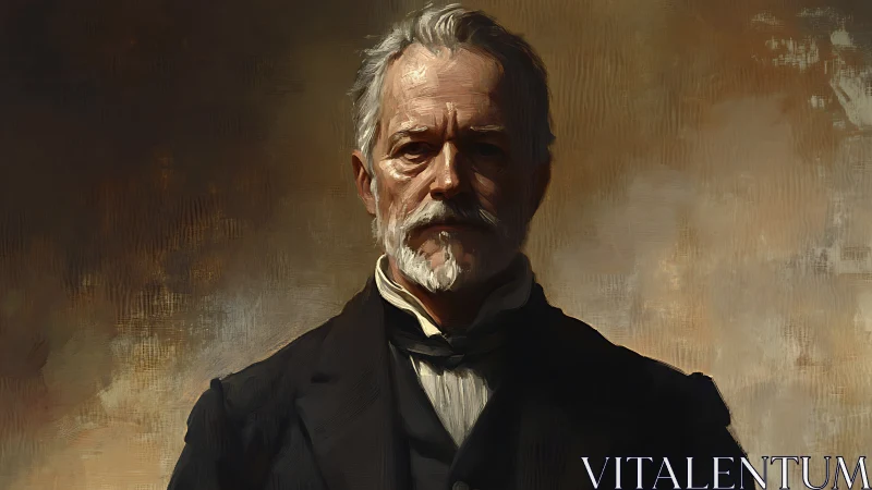 Older man in formal attire against muted painted backdrop.
