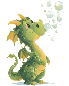 Playful green dragon blows translucent bubbles upward