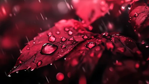 Red leaves in rainfall with surface water droplets present.
