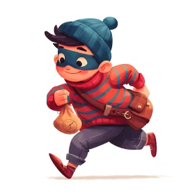 Cartoon masked boy thief runs off with a time-stamped loot bag.