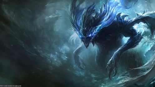 Stormlit sea dragon emerging from swirling midnight waves.