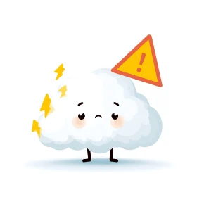 Kawaii storm cloud alert icon with warning triangle emblem.