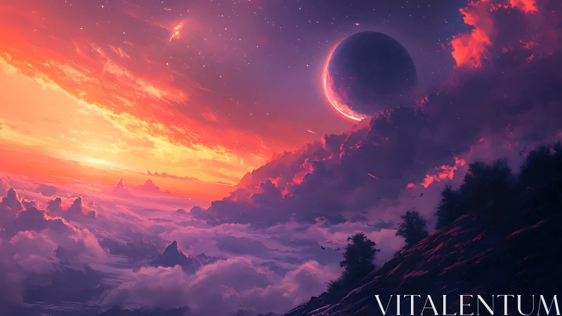 Planetary crescent hangs above sunset clouds and ridgeline