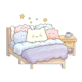 Cloudy critters tuck sleepy star-kitty into pastel dreams