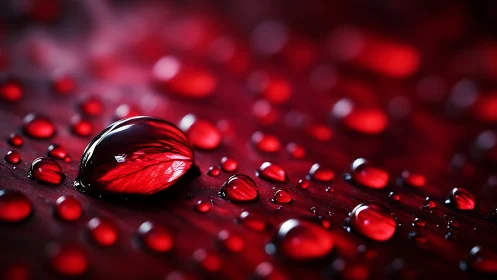 Macro water droplets on glossy red surface with reflections