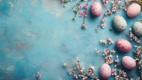 Speckled pastel eggs with cherry blossoms on textured cyan field.