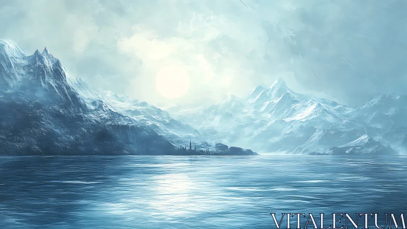 Frozen fjord under pale sun with distant icy peaks.