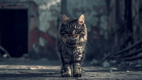 Tabby Cat Stalks Urban Ruins with Feral Intensity